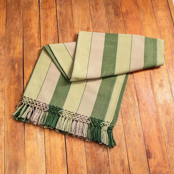 Alternate image for Handwoven Striped Fringed Brown and Green Cotton Tablecloth Forest Life