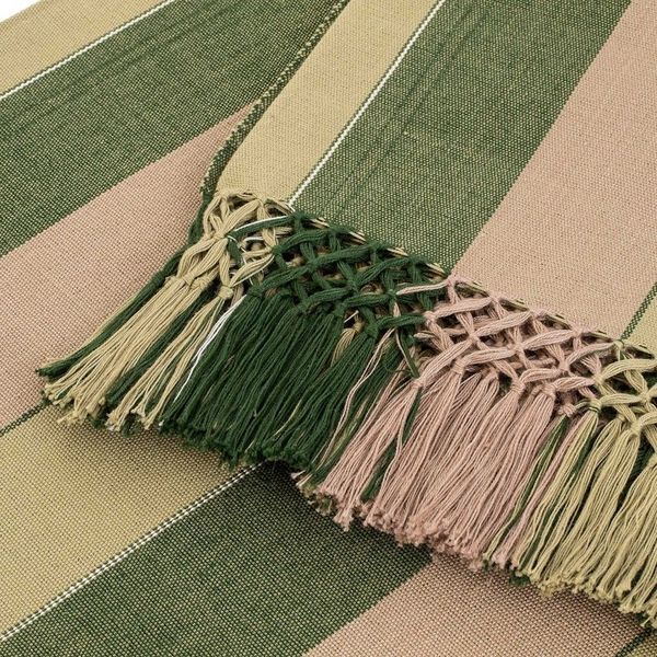 Alternate image for Handwoven Striped Fringed Brown and Green Cotton Tablecloth Forest Life