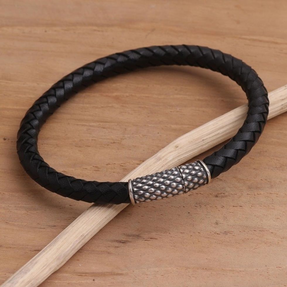 Hand Crafted Sterling Silver and Leather Braided Bracelet 'Daring Dots'