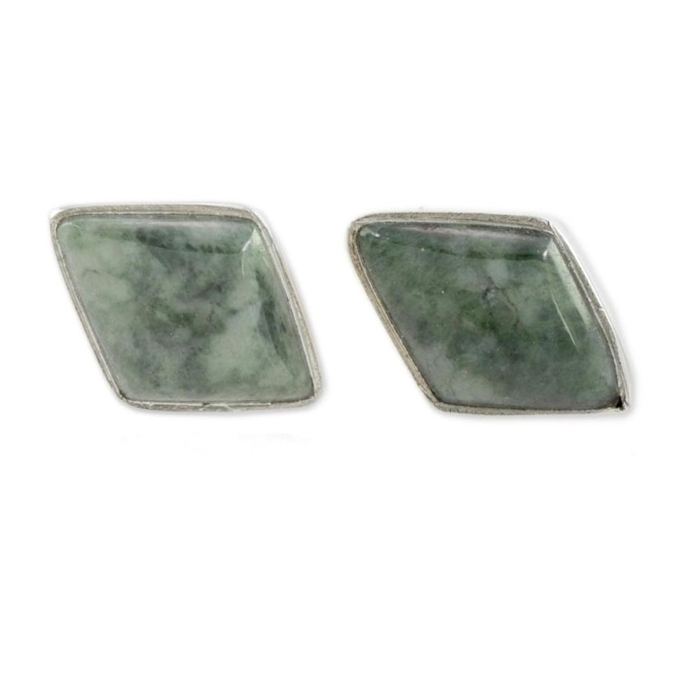 Green Jade and 925 Silver Rhombus Earrings from Guatemala 'Mayan Elegance in Green'