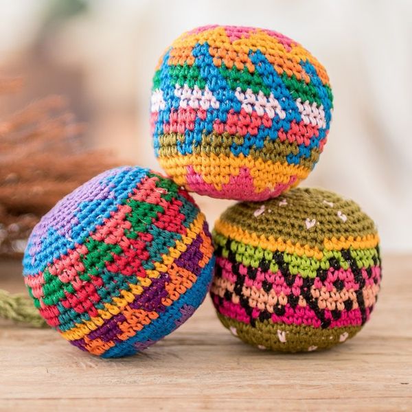 Alternate image for Set of 3 Colorful Patterned Crocheted Cotton Hacky Sacks Cheerful Orbs