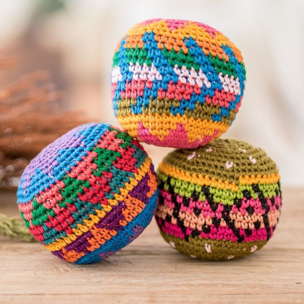 Set of 3 Colorful Patterned Crocheted Cotton Hacky Sacks 'Cheerful Orbs'