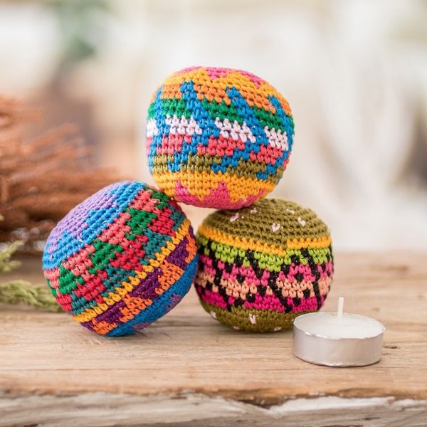 Alternate image for Set of 3 Colorful Patterned Crocheted Cotton Hacky Sacks Cheerful Orbs