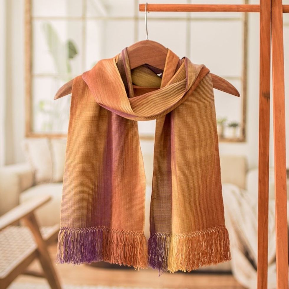 Handwoven Orange and Purple Bamboo Rayon Fringed Scarf 'Iridescent Sunset'