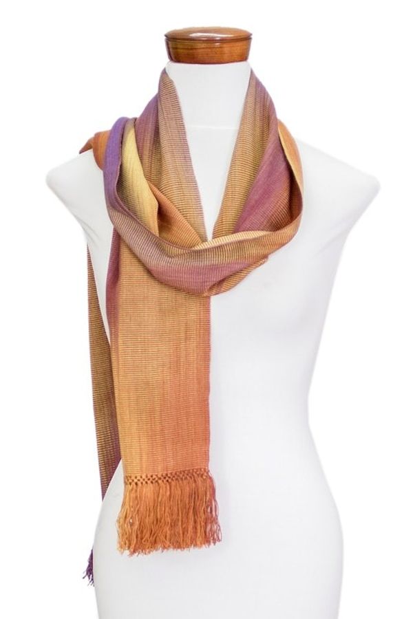 Alternate image for Handwoven Orange and Purple Bamboo Rayon Fringed Scarf Iridescent Sunset