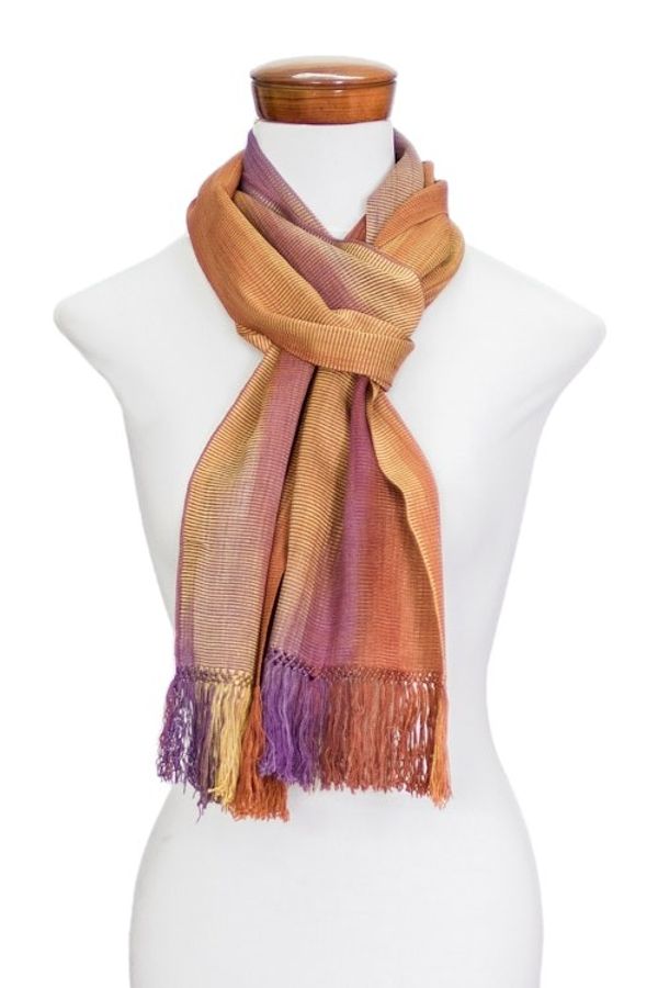 Alternate image for Handwoven Orange and Purple Bamboo Rayon Fringed Scarf Iridescent Sunset