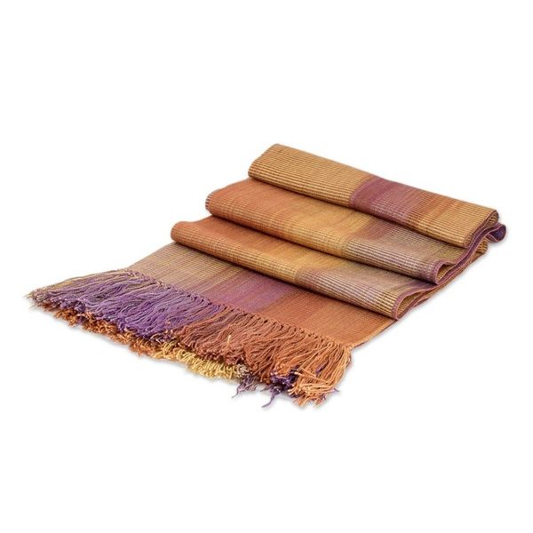 Alternate image for Handwoven Orange and Purple Bamboo Rayon Fringed Scarf Iridescent Sunset