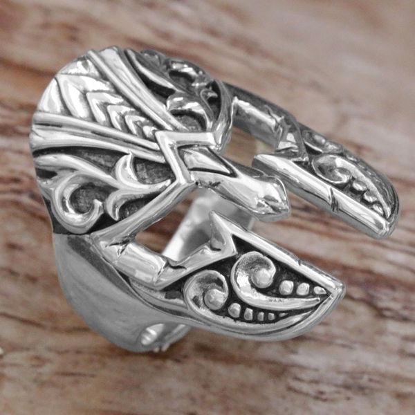 Alternate image for Handcrafted Indonesian Engraved Sterling Silver Mens Ring Shining Knight