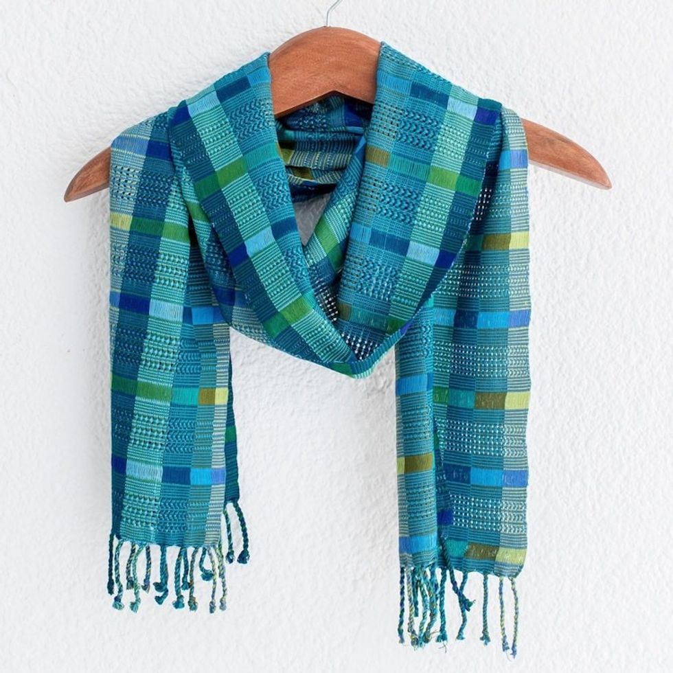 Hand Loomed Blue and Green Cotton Scarf 'Fresh Lagoon'