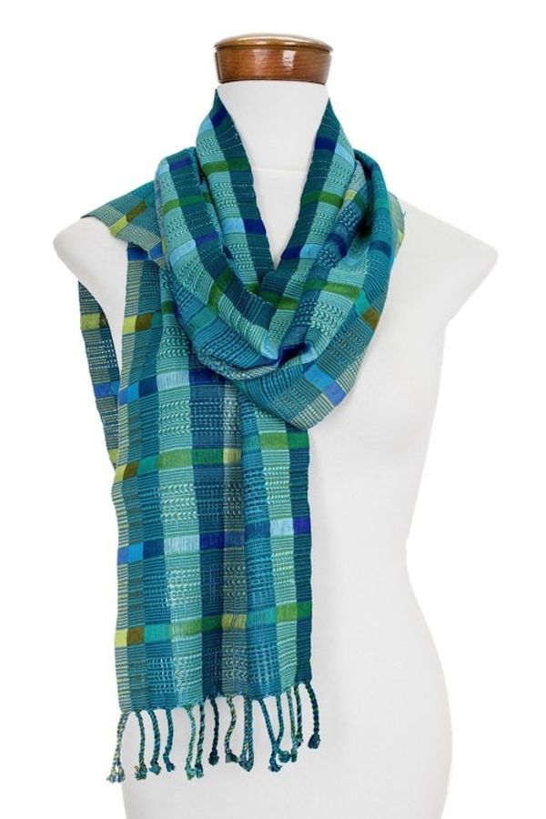 Alternate image for Hand Loomed Blue and Green Cotton Scarf Fresh Lagoon