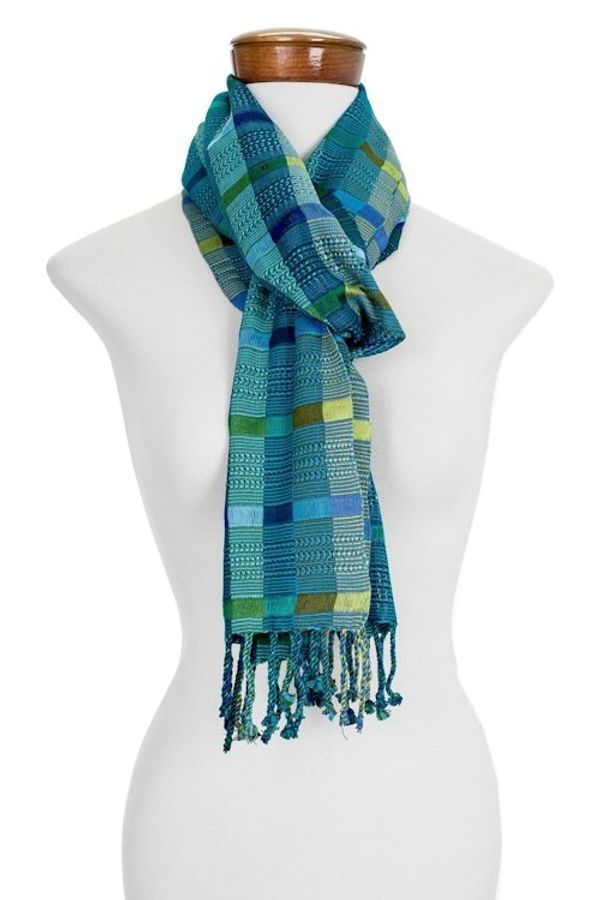 Alternate image for Hand Loomed Blue and Green Cotton Scarf Fresh Lagoon