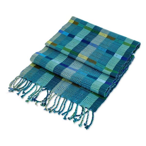 Alternate image for Hand Loomed Blue and Green Cotton Scarf Fresh Lagoon