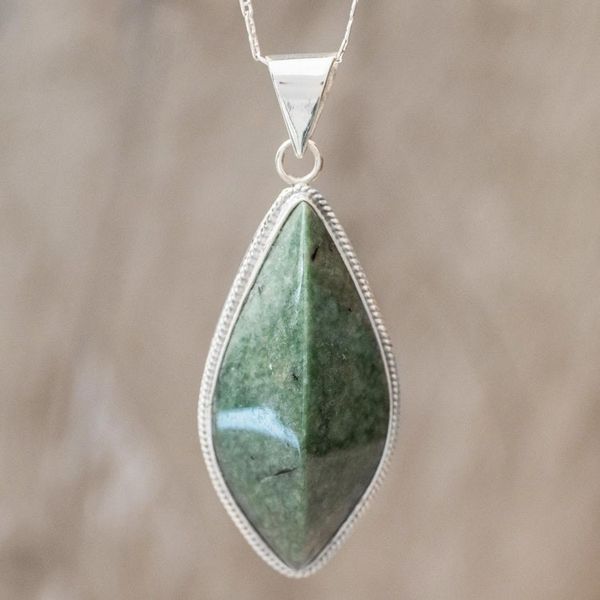 Alternate image for Green Jade and Sterling Silver Pendant Necklace Refined Ridge