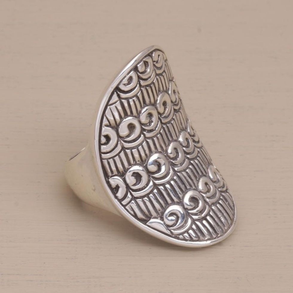 Buddhist Motif Sterling Silver Cocktail Ring from Bali 'Samsi Shield'