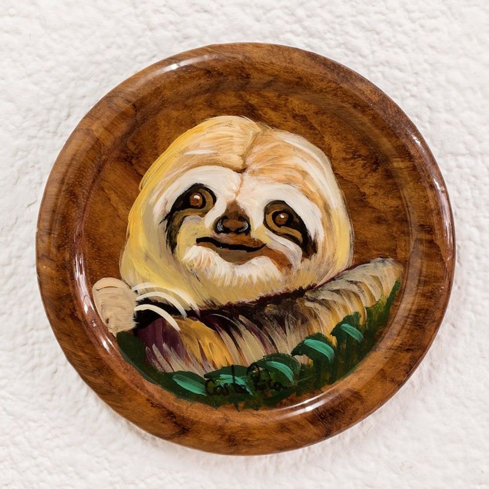 Artisan Crafted Decorative Cedarwood Plate 'Baby Sloth'