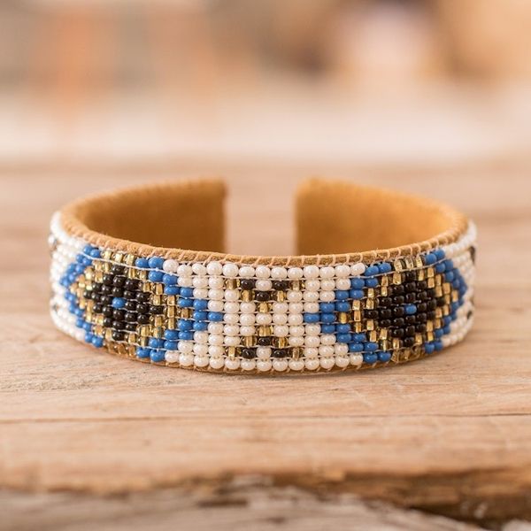 Alternate image for Ivory and Blue Glass Beaded Cuff Bracelet with Leather Deity Diamonds