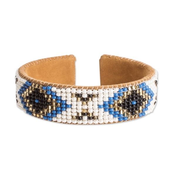 Alternate image for Ivory and Blue Glass Beaded Cuff Bracelet with Leather Deity Diamonds