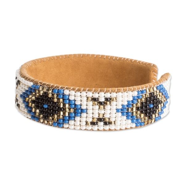 Alternate image for Ivory and Blue Glass Beaded Cuff Bracelet with Leather Deity Diamonds