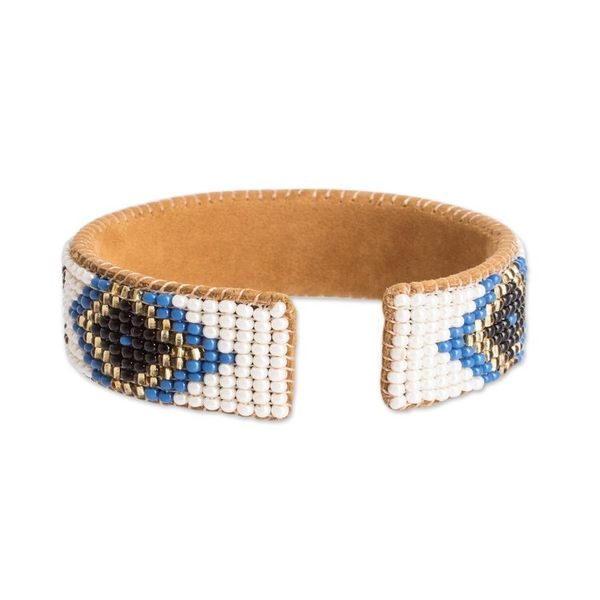 Alternate image for Ivory and Blue Glass Beaded Cuff Bracelet with Leather Deity Diamonds