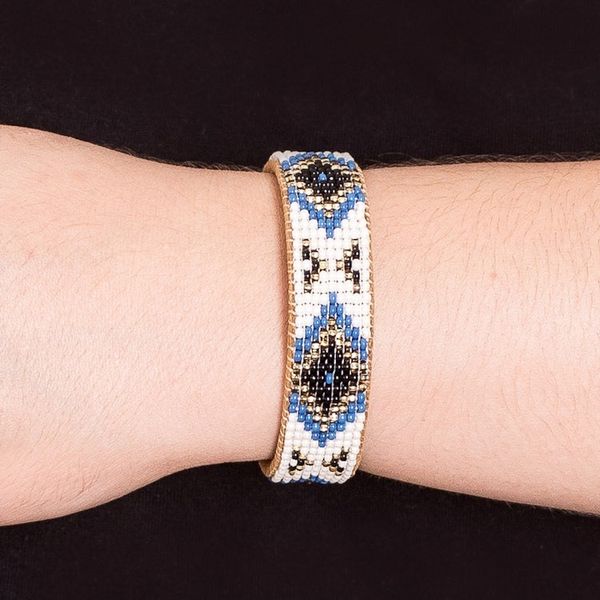 Alternate image for Ivory and Blue Glass Beaded Cuff Bracelet with Leather Deity Diamonds