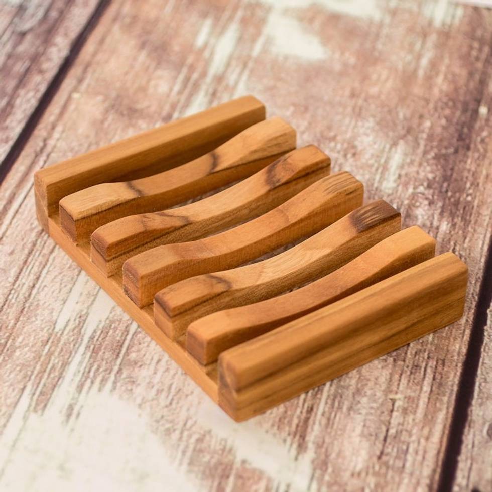 Rectangular Self-Draining Teak Wood Soap Dish from Guatemala 'Serenity'