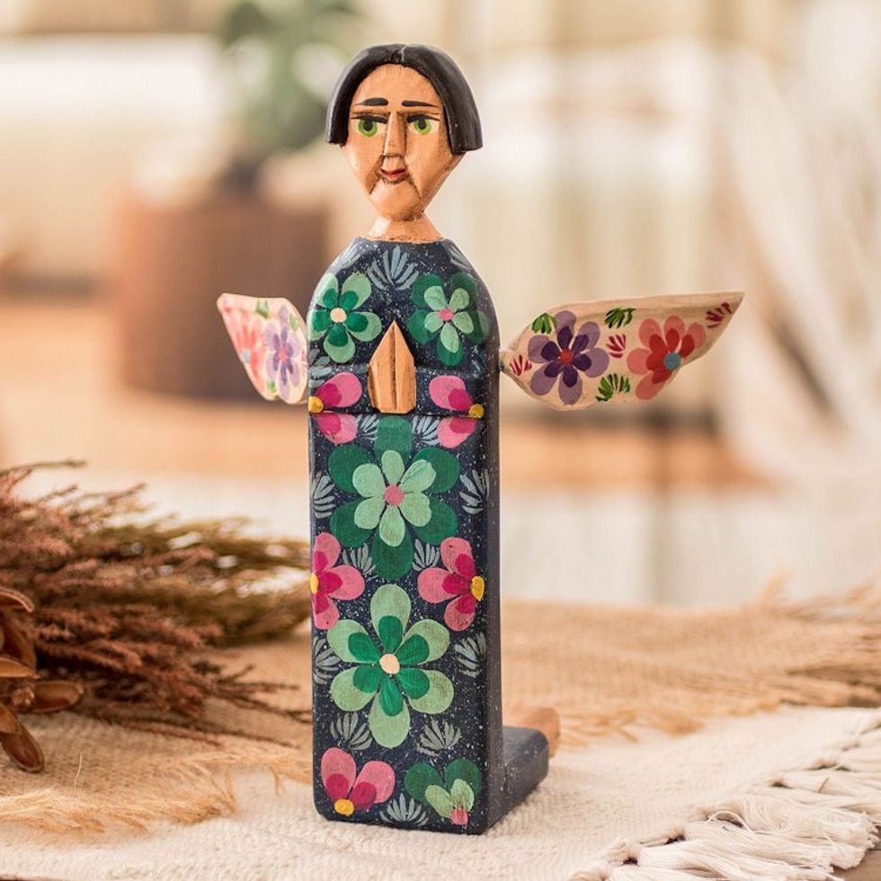 Hand Carved and Painted Wood Angel Sculpture from Guatemala 'Sky Angel'