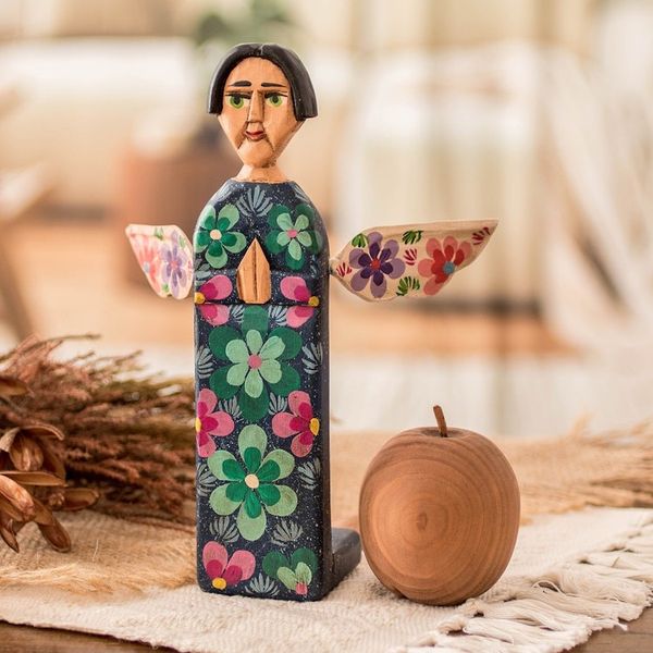 Alternate image for Hand Carved and Painted Wood Angel Sculpture from Guatemala Sky Angel