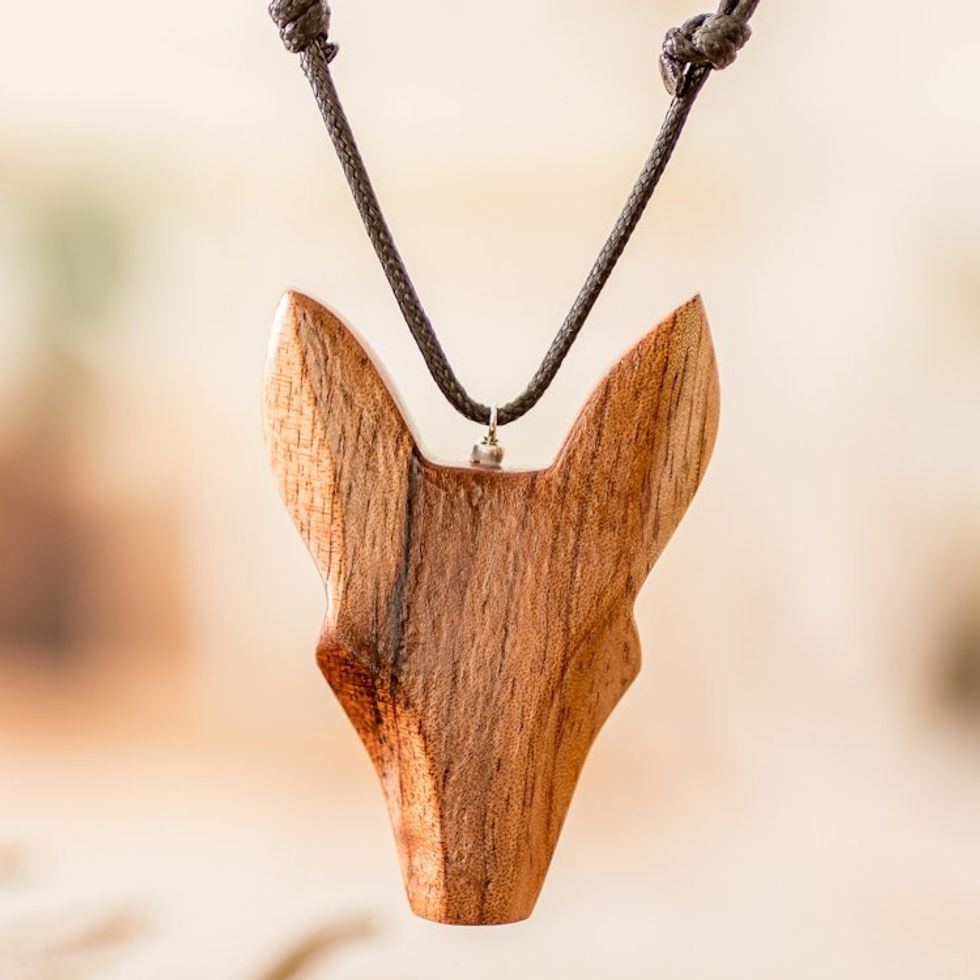 Hand-Carved Adjustable Cedarwood Wolf Pendant Necklace 'Nocturnal Wolf'
