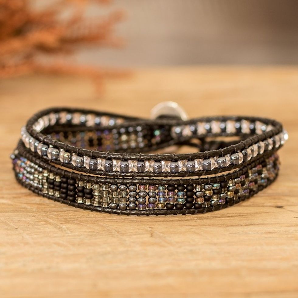 Beaded Positive Energy Long Wrap Bracelet in Black Grey 'Trendy Makeover'