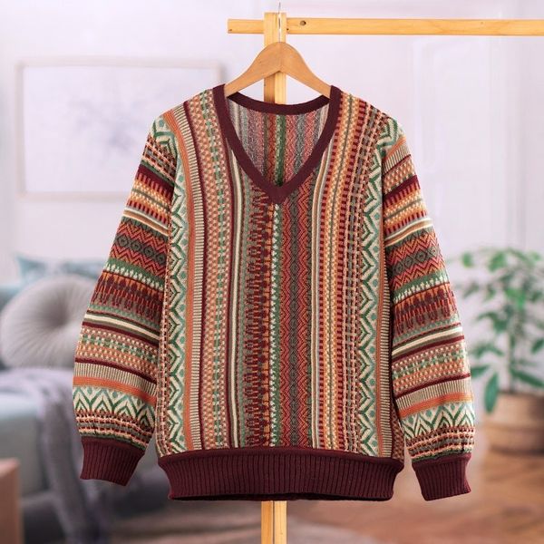 Alternate image for Knit Baby Alpaca Blend Pullover Sweater with Red Hem Cuffs Earthy Threads in Red