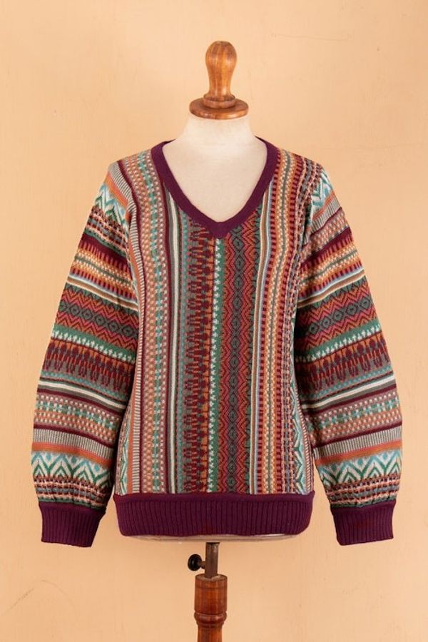 Alternate image for Knit Baby Alpaca Blend Pullover Sweater with Red Hem Cuffs Earthy Threads in Red
