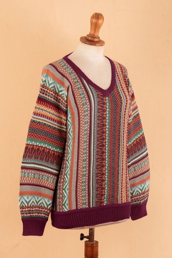 Alternate image for Knit Baby Alpaca Blend Pullover Sweater with Red Hem Cuffs Earthy Threads in Red