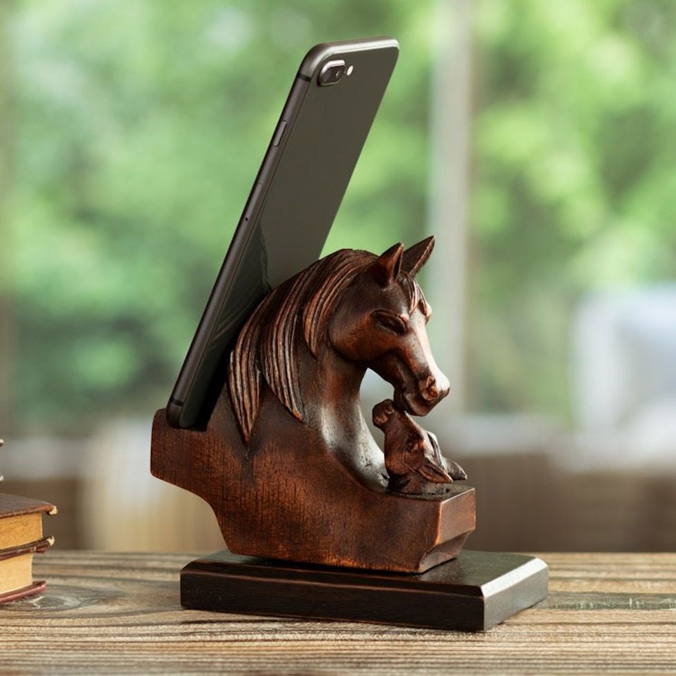 Hand Carved Peruvian Cedar Wood Phone Holder Equine and Foal 'Mother Mare'