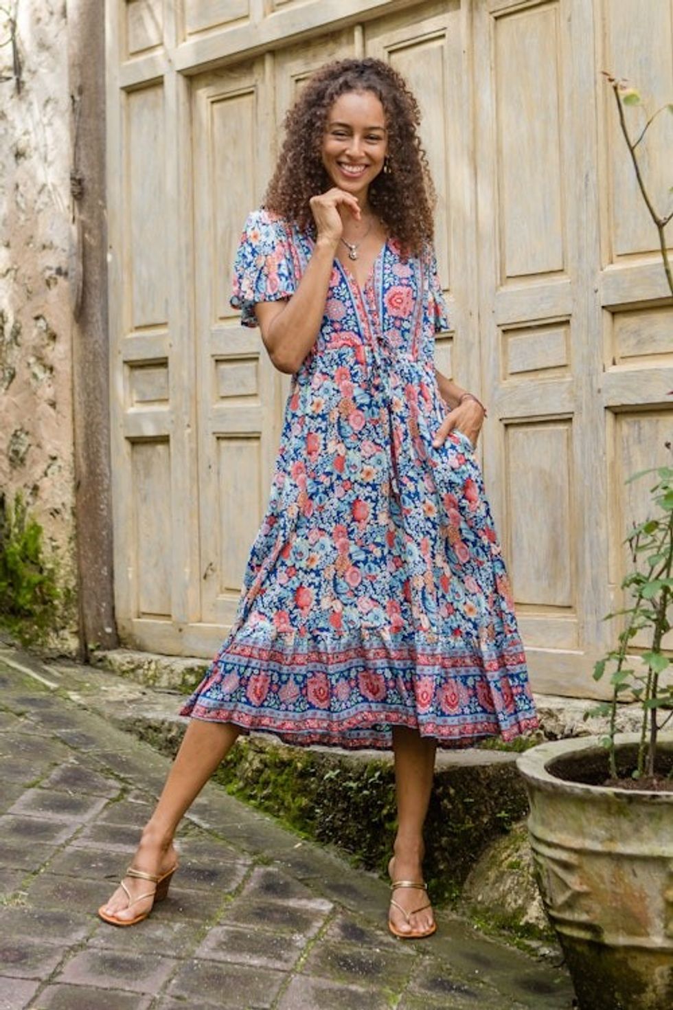 Rayon Batik Sundress with Blue Floral Pattern Made in Bali 'Flower Lagoon'