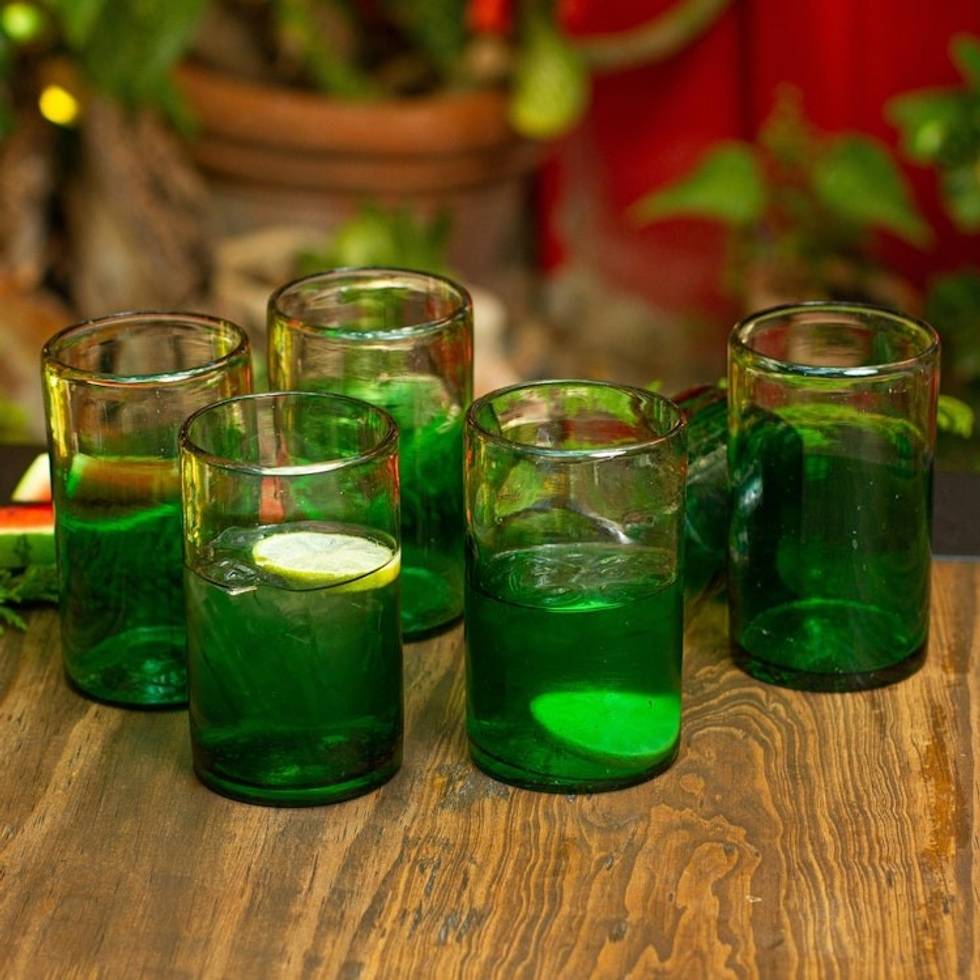 Green-Tinged Recycled Glass Tumblers from Mexico Set of 6 'Emerald Fade'