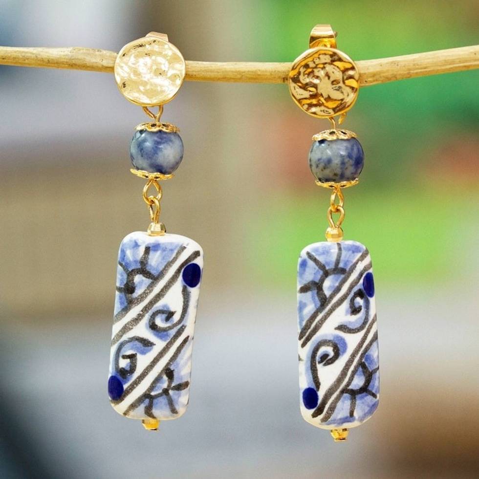 Gold-Accented Jasper and Talavera Ceramic Dangle Earrings 'Talavera Palace'