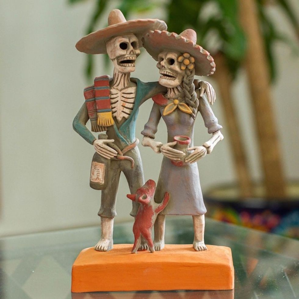 Handcrafted Celebrating Skeleton Couple Ceramic Sculpture 'Ancestors Celebrate'
