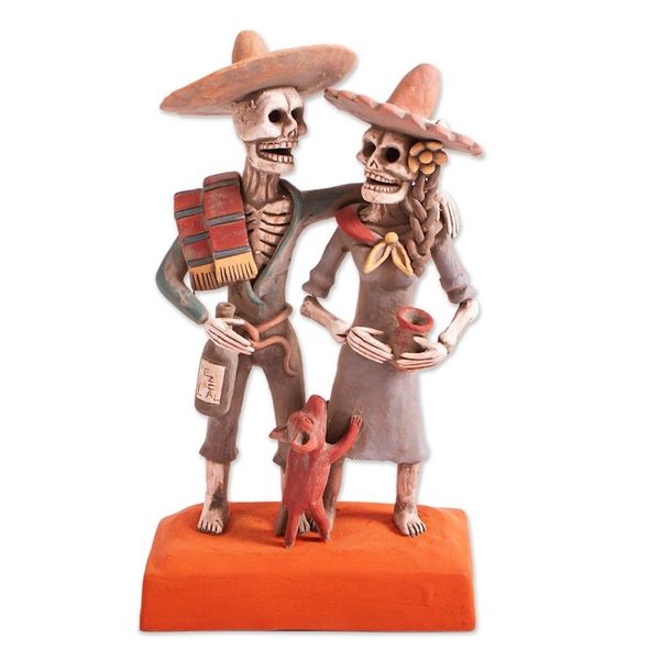 Alternate image for Handcrafted Celebrating Skeleton Couple Ceramic Sculpture Ancestors Celebrate