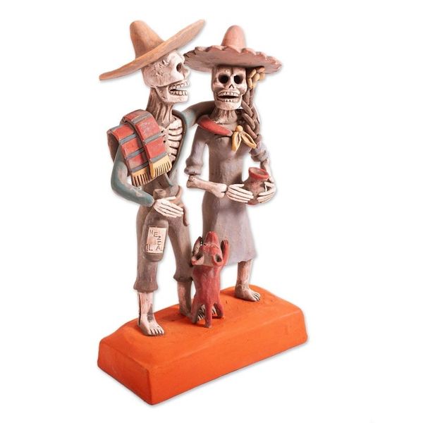 Alternate image for Handcrafted Celebrating Skeleton Couple Ceramic Sculpture Ancestors Celebrate