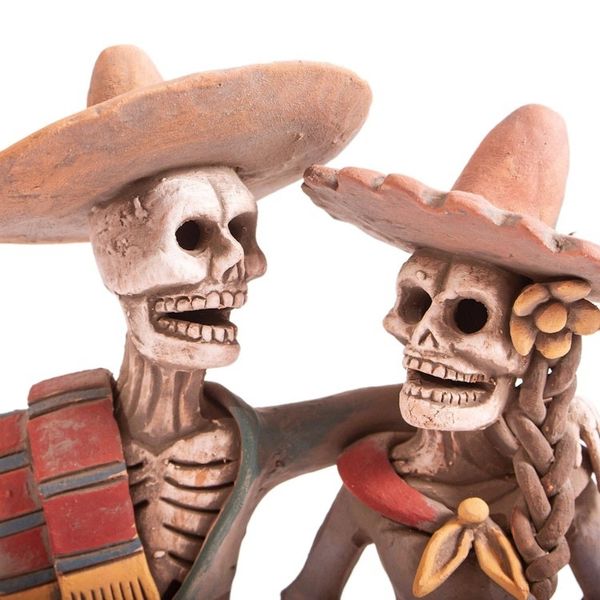 Alternate image for Handcrafted Celebrating Skeleton Couple Ceramic Sculpture Ancestors Celebrate
