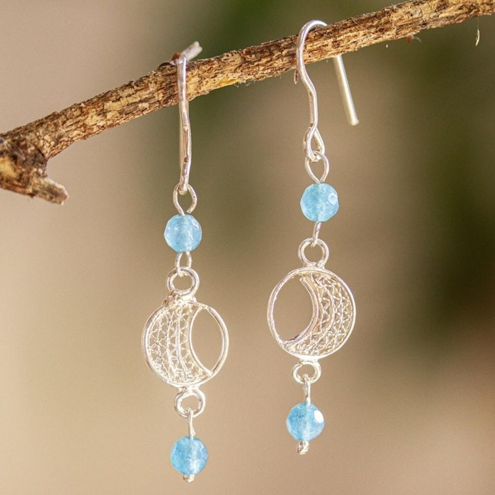 Sterling Silver Filigree Dangle Earrings with Quartz Beads 'Phases of the Moon'