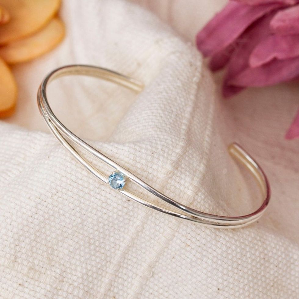 Minimalist Polished Sterling Silver and Topaz Cuff Bracelet 'Blue of Novelty'