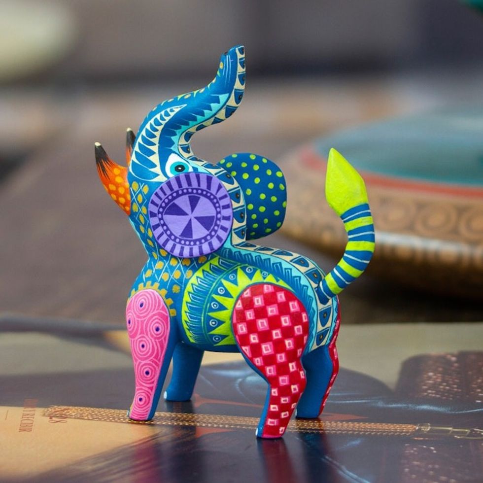 Hand-Painted Mexican Wood Alebrije Elephant Figurine 'Spectacular Elephant'
