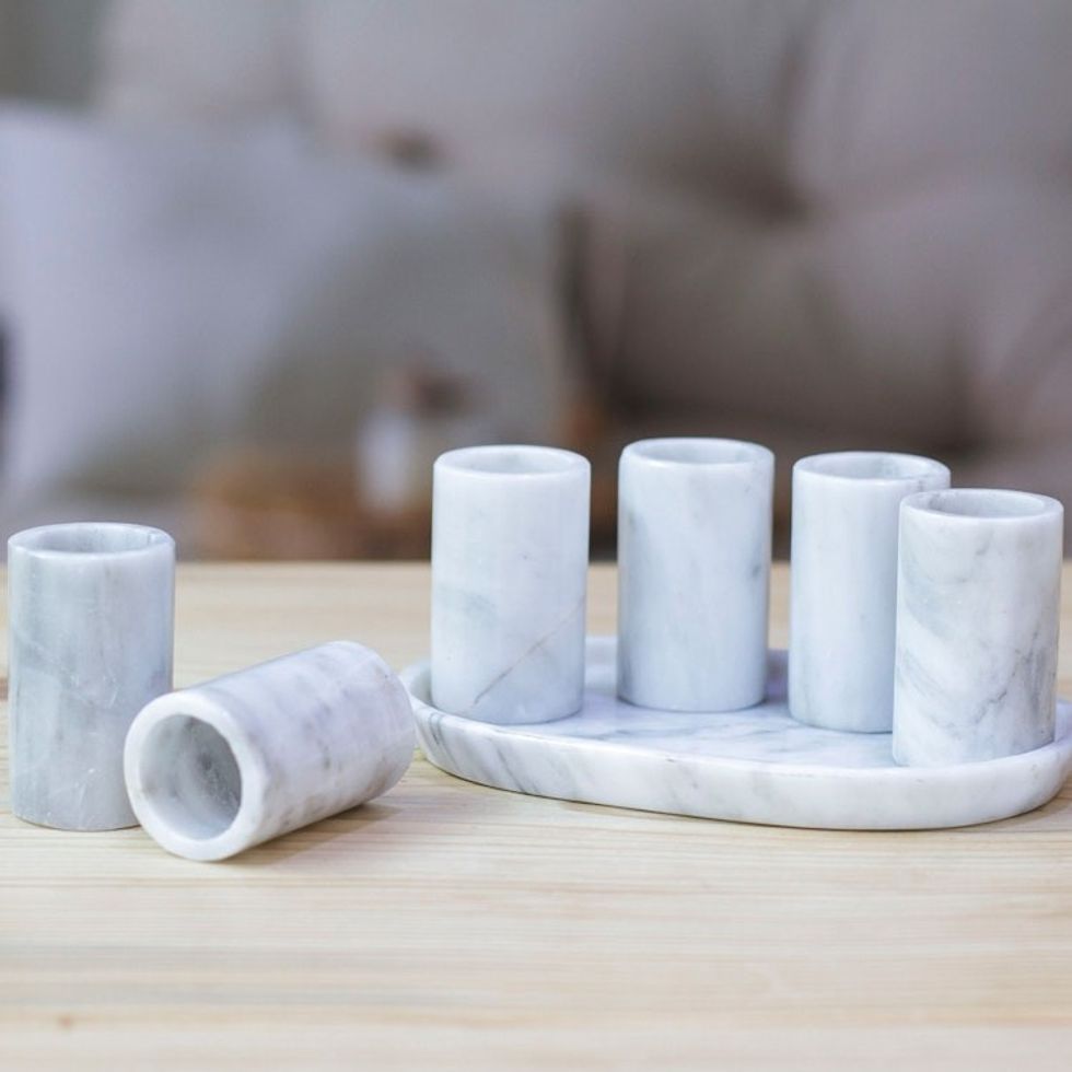 Set of 6 Modern Ivory Natural Onyx Tequila Glasses 'Ethereal Modernity'