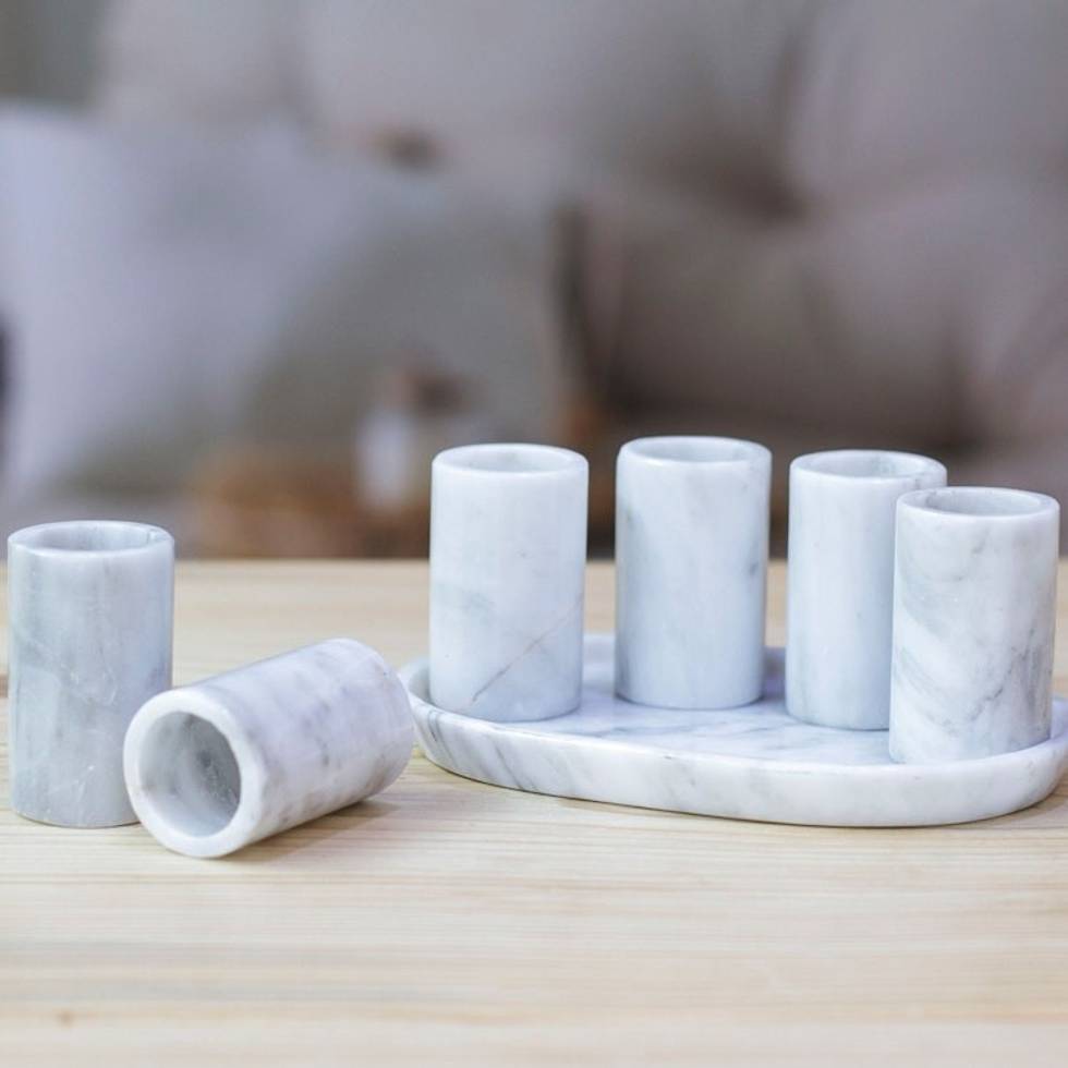 Set of 6 Modern Ivory Natural Onyx Tequila Glasses 'Ethereal Modernity'