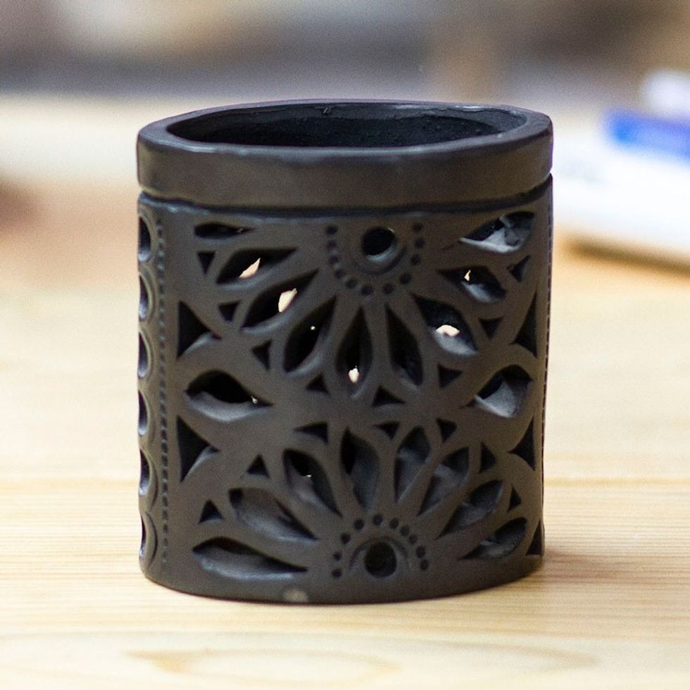 Oaxaca Barro Negro Ceramic Oval Pencil Holder 'Oaxacan Ellipse'