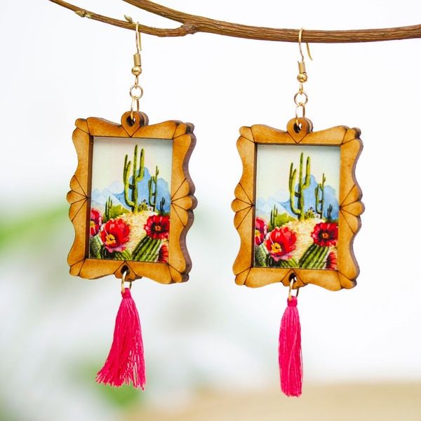 Alternate image for Handcrafted Cactus Scene Wood Frame Dangle Earrings Saguaro Scene