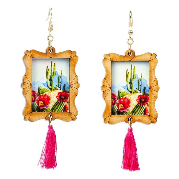 Alternate image for Handcrafted Cactus Scene Wood Frame Dangle Earrings Saguaro Scene