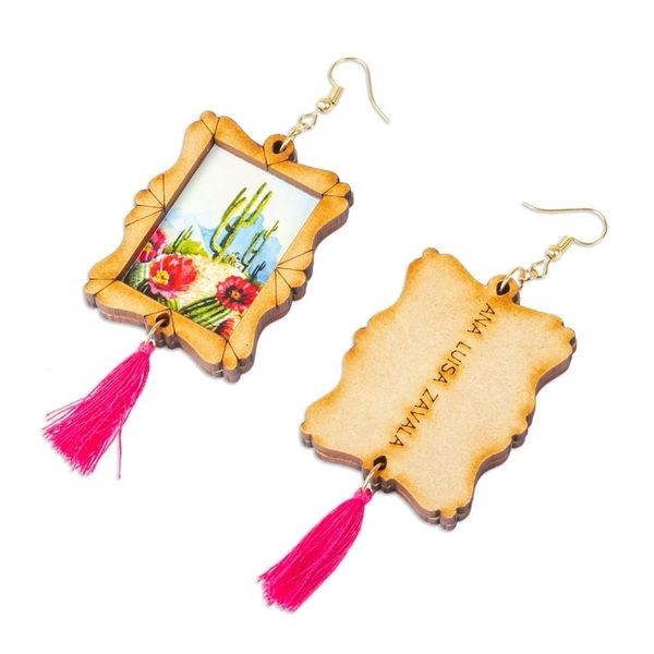 Alternate image for Handcrafted Cactus Scene Wood Frame Dangle Earrings Saguaro Scene
