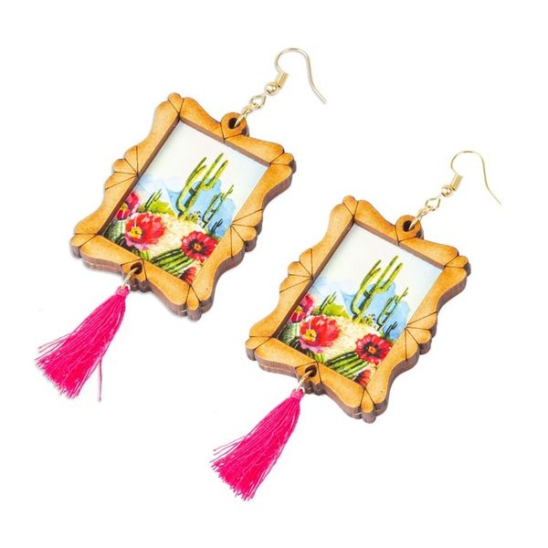 Alternate image for Handcrafted Cactus Scene Wood Frame Dangle Earrings Saguaro Scene